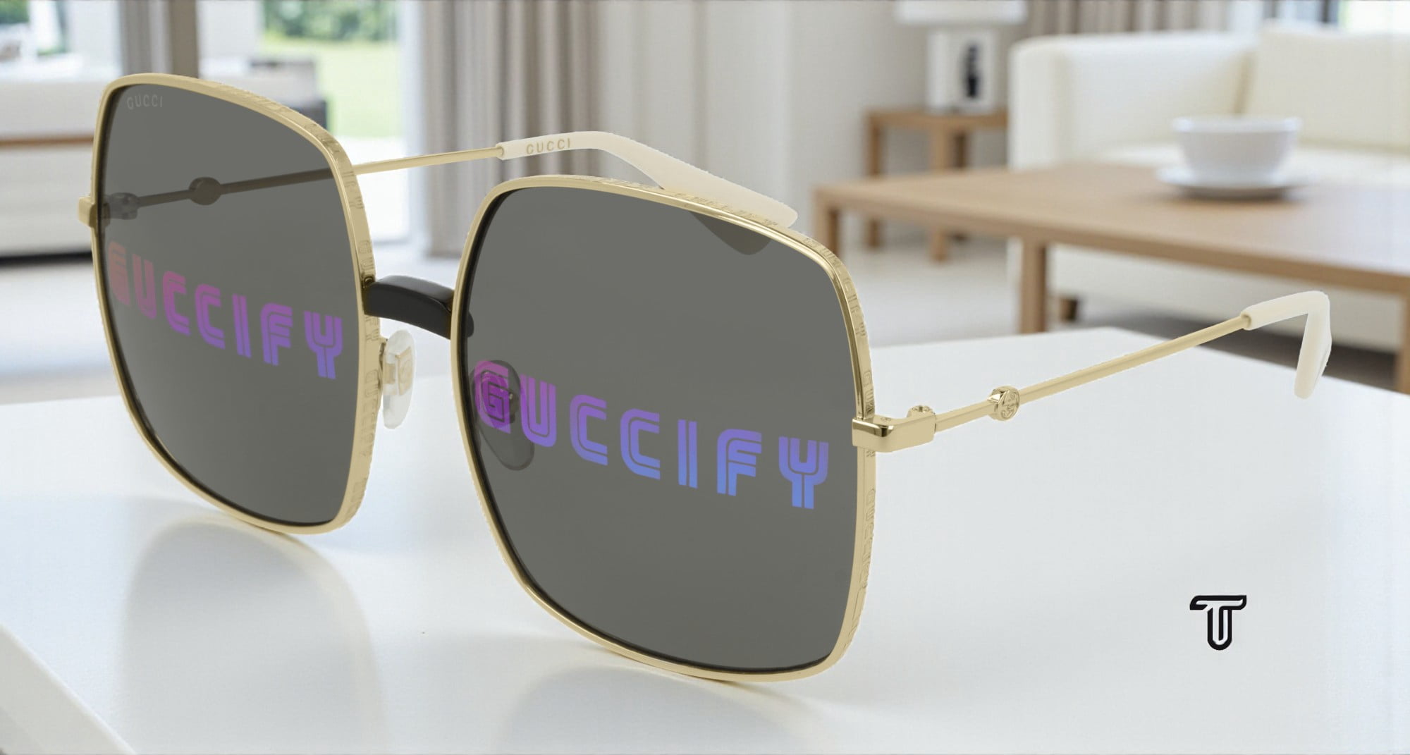 Gucci GG0414S Rainbow Logo Mirrored Lens Oversized Rectangle Sunglasses Gucci Womens Square/Rectangle Gold Gold Multicolor Fashion  main image 3