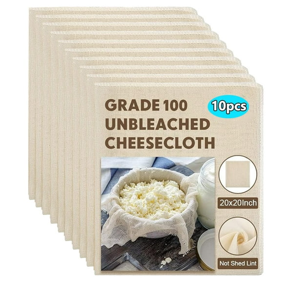 GUCHO Cheese Cloth - 10pcs,Straining & More; 20x20 Inch; 100% Unbleached Cotton Cheesecloth; Reusable with Hemmed 2 Edges; Ultra-Dense (the finest) Butter