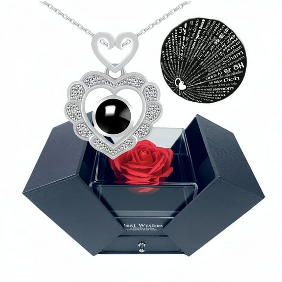 GUCHO Eternal Preserved Rose Gift Box with Necklace Engraved I Love You in 100 Languages ,Gifts for Girlfriend,Mother's Day,Valentine's Day