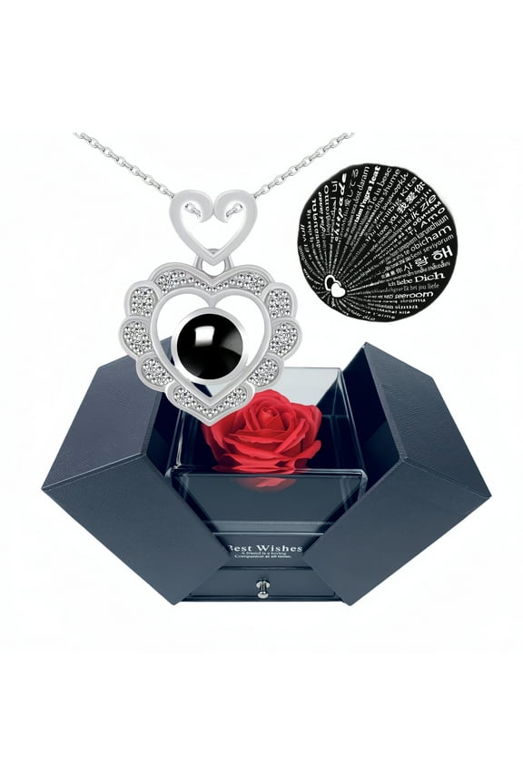 Eternal Preserved Rose Gift Box with Necklace Engraved I Love You in 100 Languages ,Gifts for Girlfriend,Mother's Day,Valentine's Day
