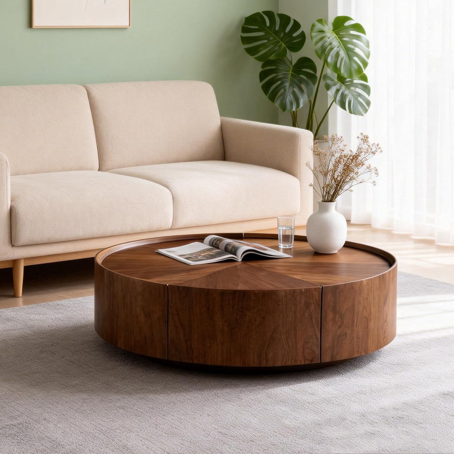 GUCOGUKA 35.4" Round Coffee Table with Storage Drawers, Solid Wood Veneer Mid-Century Modern Fully Assembled Cocktail Table for Living Room Office, Walnut