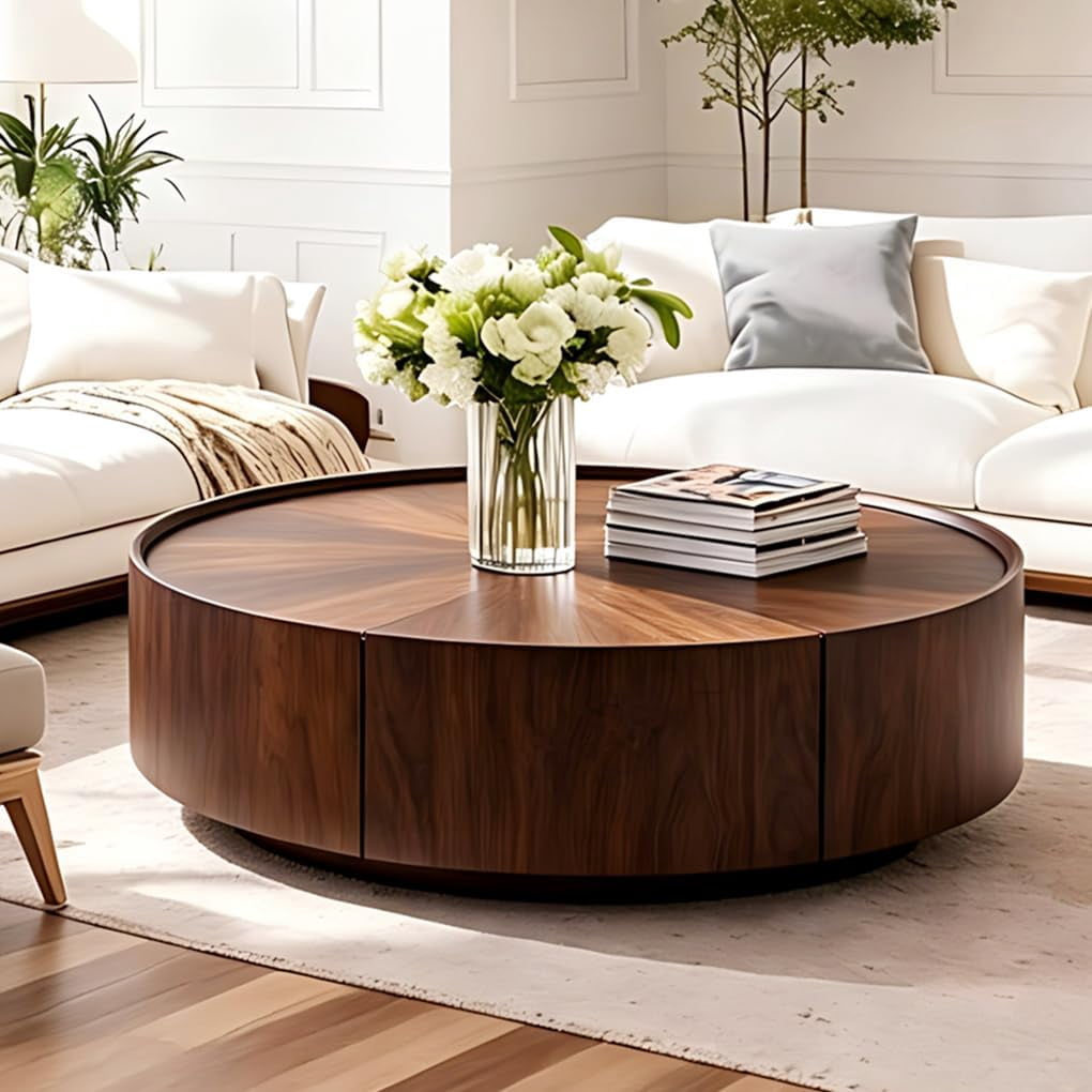 GUCOGUKA 39.3" Round Wood Coffee Table with Storage Drawers, Solid Wood Veneer Mid-Century Modern Fully Assembled for Living Room Office, Walnut