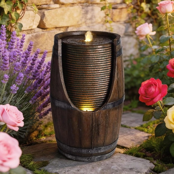 GUCOGUKA 24.8'' Wooden Barrel Style Outdoor Water Fountain with LED Lights Resin Rustic Garden Waterfall Decor Farmhouse Garden Water Fountain for Patio Porch Yard