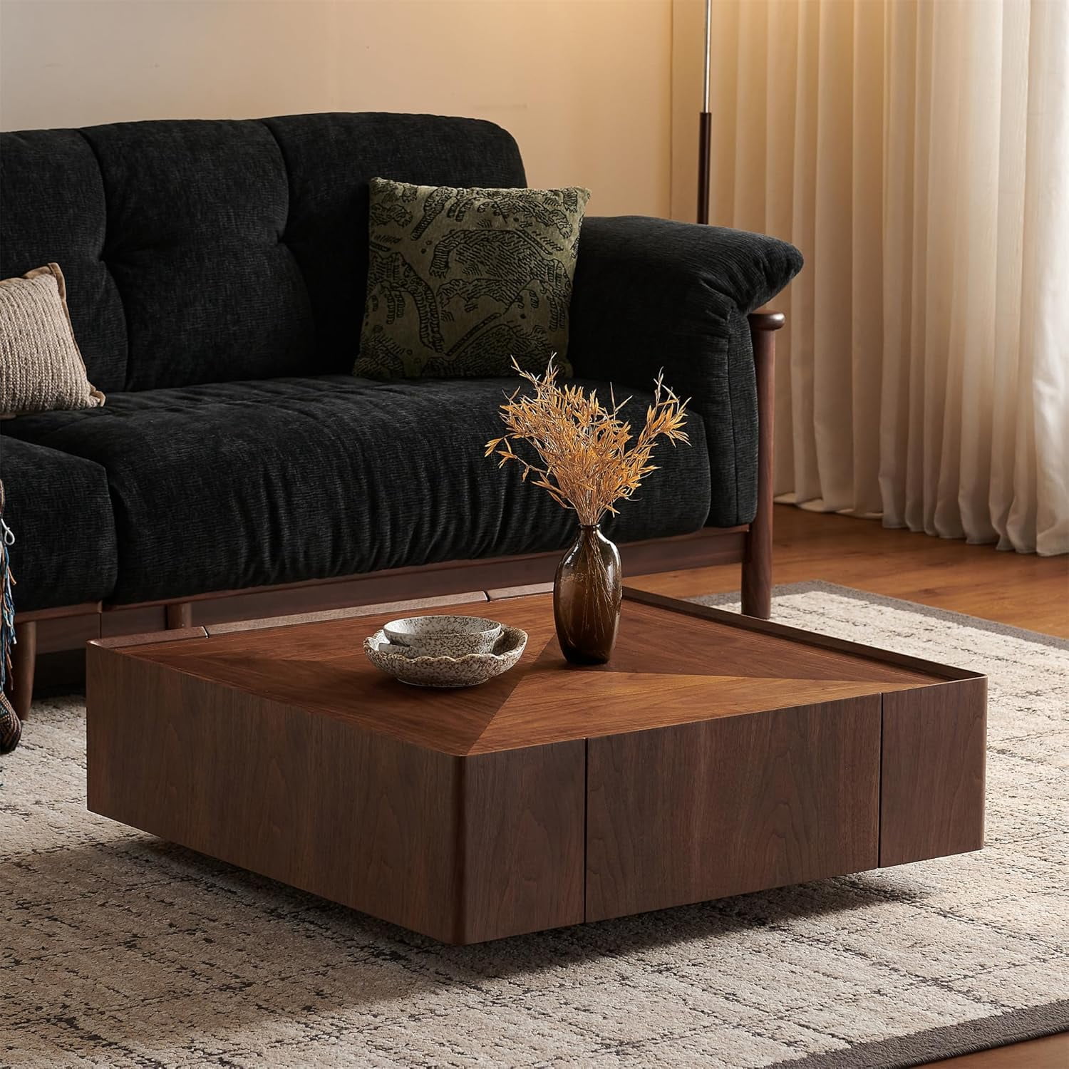 GUCOGUKA SSLine 35.4-Inch Square Coffee Table with Storage Drawers,Fully Assembled Wooden Coffee Table with Solid Wood Veneered Mid-Century Modern Cocktail Center Tables for Living Room Office,Walnut