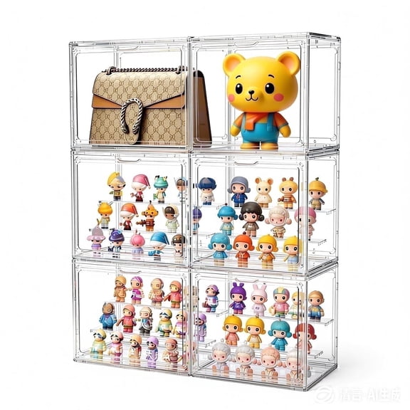 6pcs Clear Acrylic Display Box,Transparent Storage Organizer Case- Dustproof Stackable Storage Bins for Figures Toys Collectibles, 3 Tiers, 6 Pack