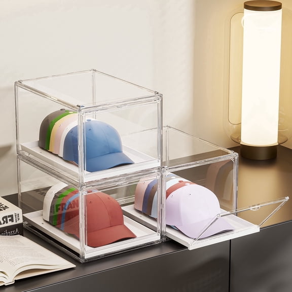 GUDEMAY Clear Pull-Out Storage Drawer Box Closet Hat & Cap Organizer, Stackable, Dustproof 8.66" x 10.7" x 14.25"