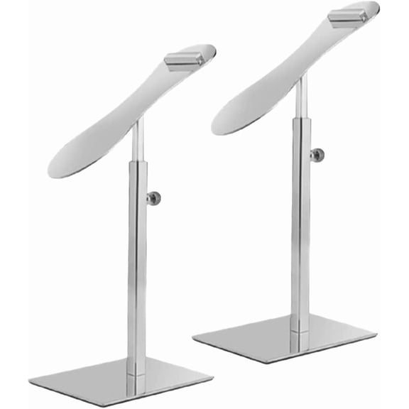 GUENG 2Pcs Adjustable Stainless Steel Shoe Display Stands, Silver Countertop Shoe Riser Rack for Retail Store Sneaker High Heel Footwear Showcase