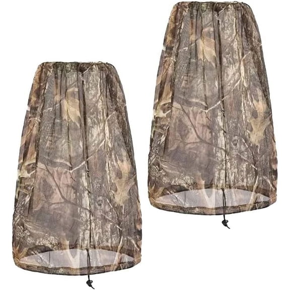 GUENG 2Pcs Camo Mosquito Head Net, Ultra Fine Polyester Mesh Bug Face Cover with Adjustable Drawcords Fits Most Hats for Hunting Fishing Gardening Camping