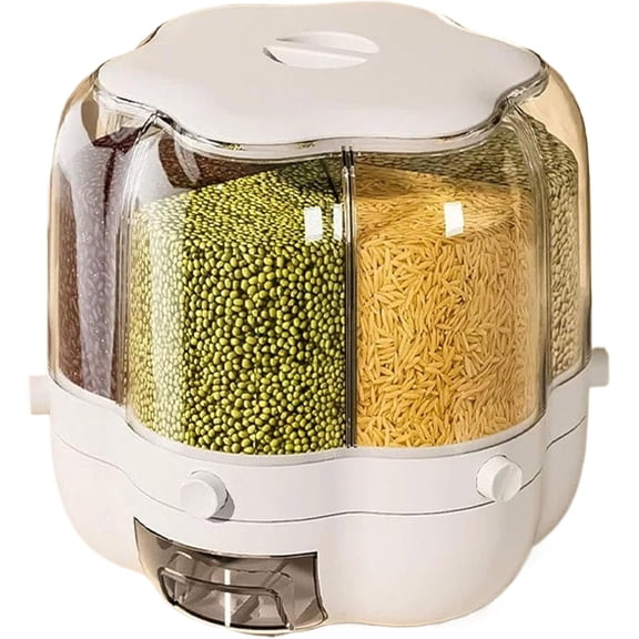 GUENG 360 Rotating Grain Dispenser, 6 Compartment 14.3Lbs Food-Grade Rice Cereal Storage Container with One-Click Output
