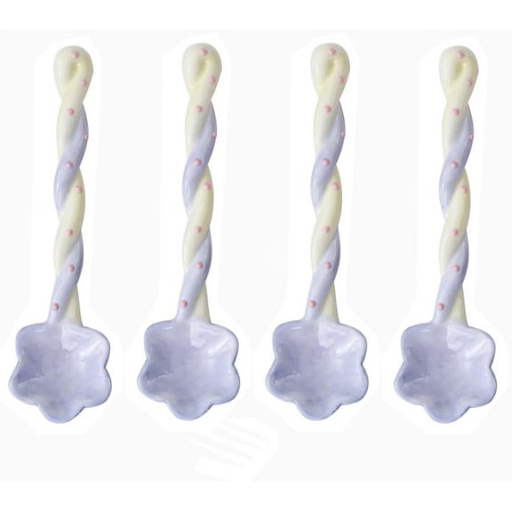 GUENG 4 Pack Twisted Long Handle Ceramic Spoons, Cute Flower Shaped Hand Painted Stirring Spoons for Coffee Tea Dessert