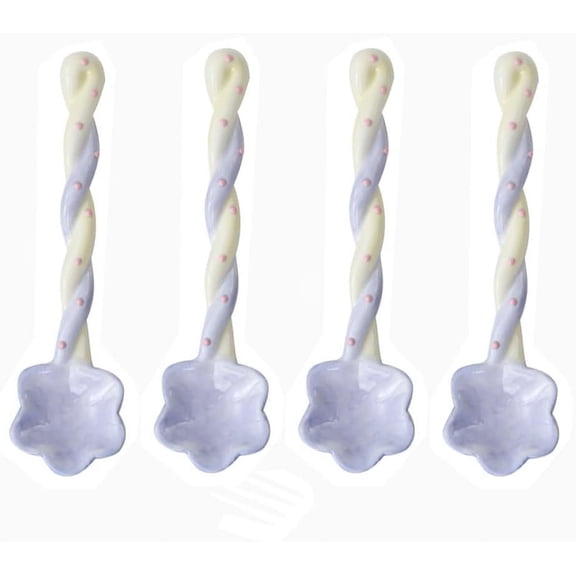 GUENG 4 Pack Twisted Long Handle Ceramic Spoons, Cute Flower Shaped Hand Painted Stirring Spoons for Coffee Tea Dessert