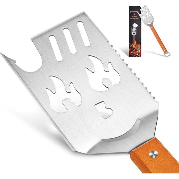 GUENG 5-in-1 BBQ Grill Spatula, 16" Stainless Steel Grilling Tool with Wooden Handle, Gift for Men