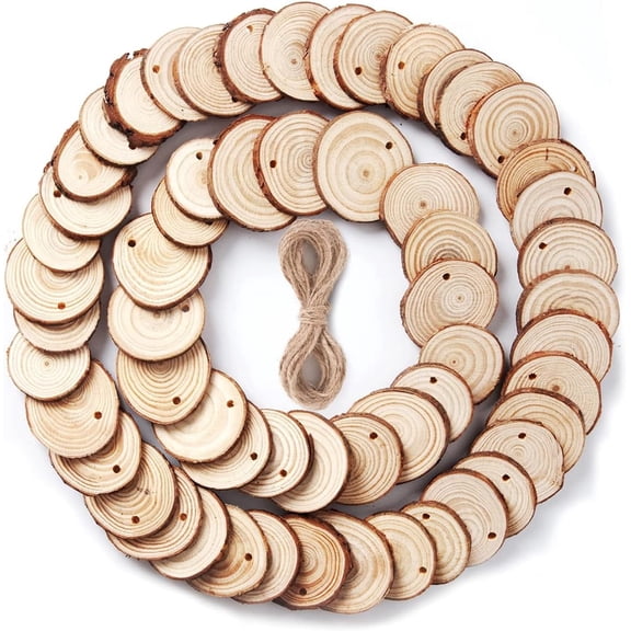 GUENG 58 Pack Predrilled Natural Wood Slices, 1.6-2 Inch Unfinished Round Wood Circles with Jute Rope for DIY Crafts
