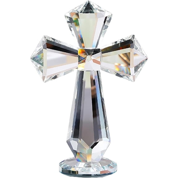 GUENG 6" K9 Crystal Cross Figurine, Hand-Carved Decorative Religious Ornament(Transparent)