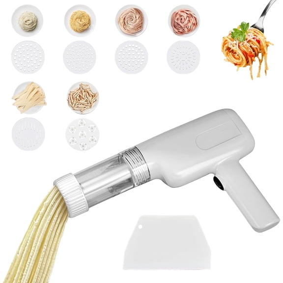 GUENG 6-in-1 Cordless Handheld Electric Pasta Maker, Rechargeable Portable Noodle Machine with 6 Pasta Shaping Discs for Spaghetti Ramen Lasagna