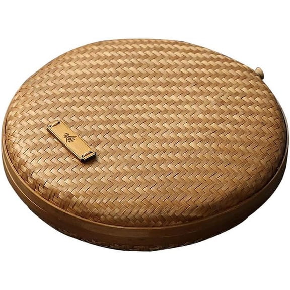 GUENG 8 Inch Round Hand-Woven Rattan Storage Basket with Lid, Breathable Wicker Serving Tray for Tea Bread Snacks Kitchen Table Organizer
