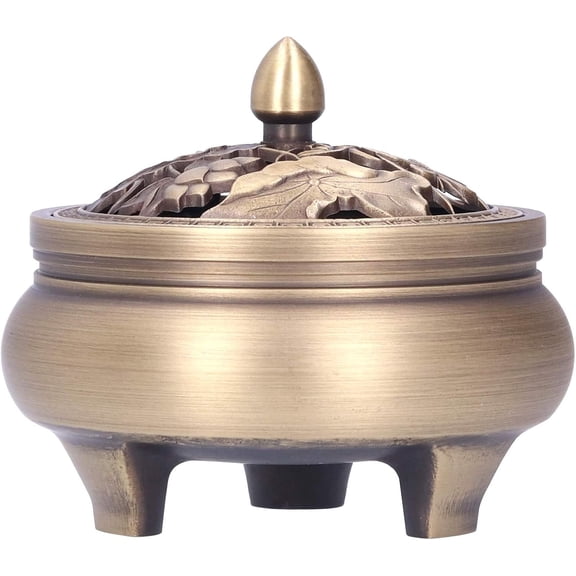 GUENG Antique Brass Incense Burner with Lid, 3-Legged Lotus Carved Incense Holder, Vintage Censer for Home Decor Meditation Gift