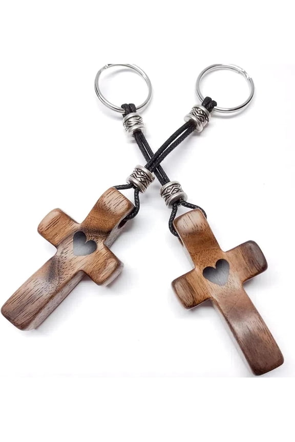 Black Walnut Cross Keychains, Handheld Wooden Cross with Heart Cutout, Spiritual Faith Gift (2-Pack)