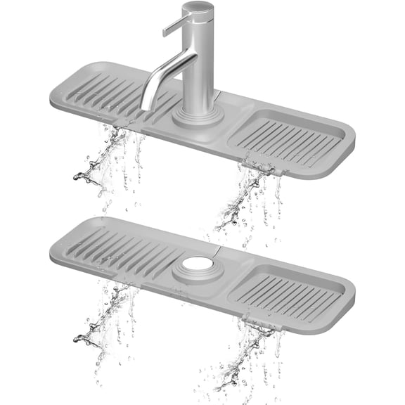 GUENG Extra Large Silicone Faucet Drying Mat, Sloped Drain Sink Splash Guard Cuttable Mat for Kitchen Bathroom 17.7"x5.5" (Light Gray)