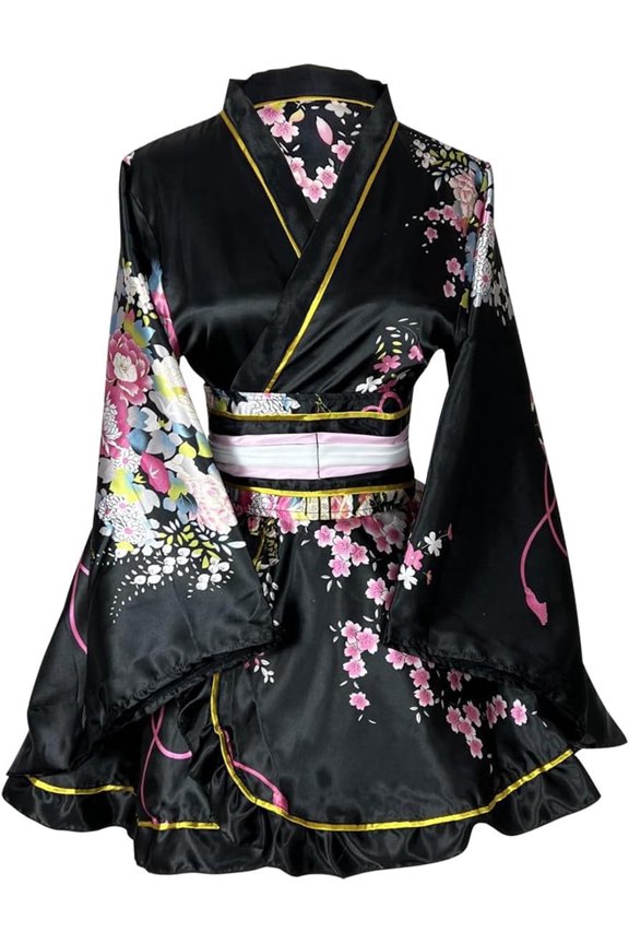 Floral Kimono Robe for Women, Japanese Style Short Kimono Dress with Belt & Bowknot, Black