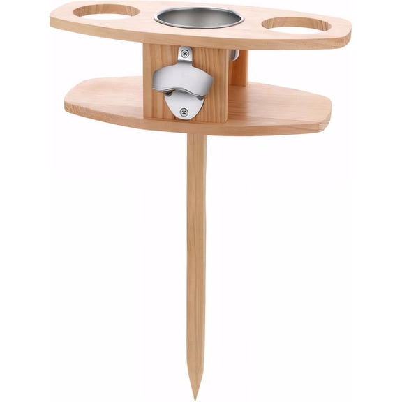 GUENG Foldable Wooden Wine Picnic Table, Outdoor Stake Table with Cup Holders & Bottle Opener for Camping, Beach, Yard