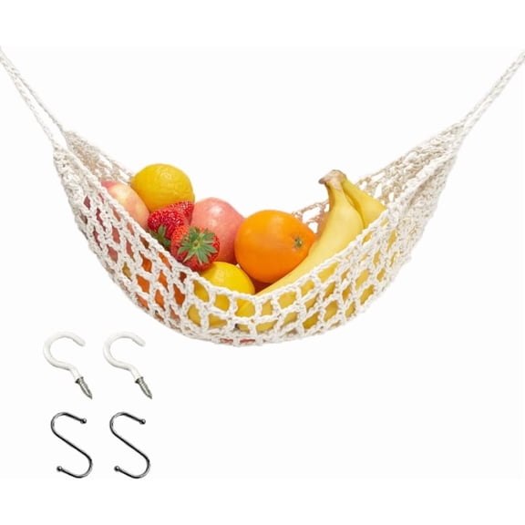 GUENG Handwoven Cotton Macrame Fruit Hammock, Under Cabinet Hanging Fruit Basket with Hooks, Boho Space-Saving Storage for Kitchen RV Camper
