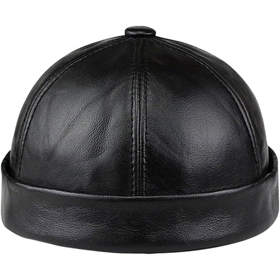 GUENG Men's Genuine Leather Skullcap, Brimless Sailor Cap, Vintage Rolled Cuff Hat, Black