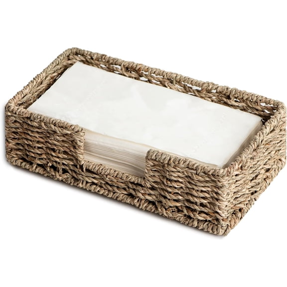 GUENG Natural Seagrass Napkin Holder, Wicker Guest Towel Basket for Bathroom Kitchen, Handwoven Storage Organizer, 7 ½"L x 7 ½"W x 2 ¾"H, 1 Pack