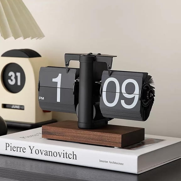 GUENG Retro Flip Down Desk Clock, Mechanical Digital Clock with Walnut Base, Battery Powered(Black)