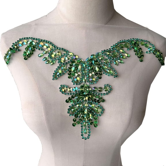 GUENG Rhinestone Beaded Bodice Applique, Sparkling Sequined Neckline Trim, Hand Stitch Crystal Fringe Patch for Wedding Evening Prom Gowns,Green Color
