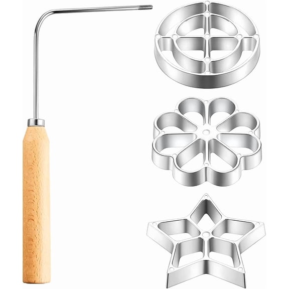 GUENG Rosette Bunuelos Mold Set, Aluminum Waffle Cookie Maker with Wooden Handle, 3 Interchangeable Star Flower Round Baking Molds