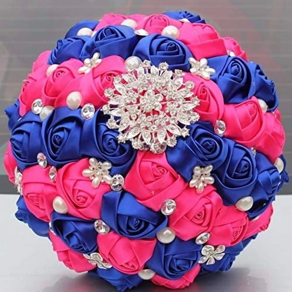 GUENG Satin Rose Bridal Bouquet, Royal Blue Hot Pink Artificial Wedding Hand Flower with Rhinestone Brooch Pearls, 21cm Diameter