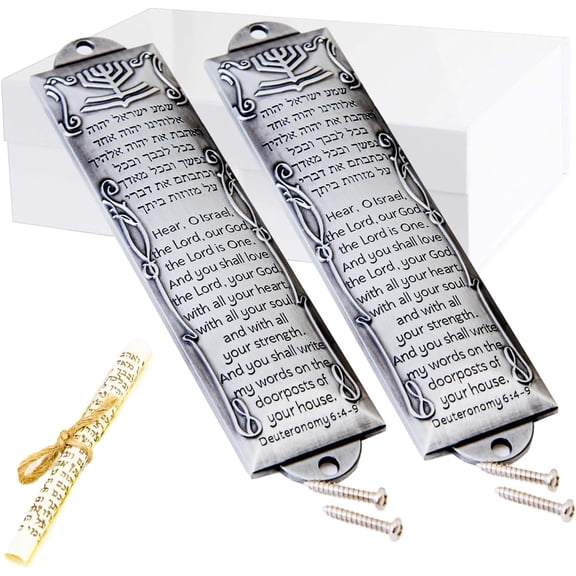 GUENG Set of 2 Metal Mezuzah with Scroll & Mount Screws, Hebrew English Blessing Door Mezuzah Plaque, Jewish House Warming Gift(Silver)