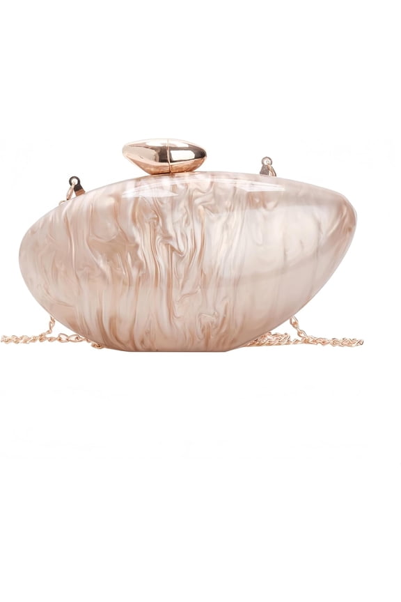 Shell Shape Acrylic Clutch Purse, Shiny Metallic Evening Bag with Detachable Chain for Wedding Party(White)