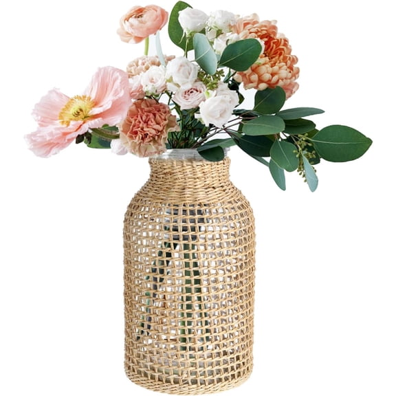 GUENG Straw Wrapped Glass Flower Vase, Rattan Woven Cover Clear Glass Bottle, Rustic Country Decor Vase for Table Centerpiece & Home Floral Arrangement