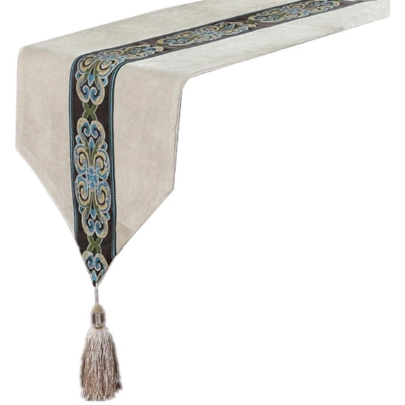GUENG Vintage Table Runner with Tassels, Chenille Cotton Blend, 13 x 70 Inch, Ivory