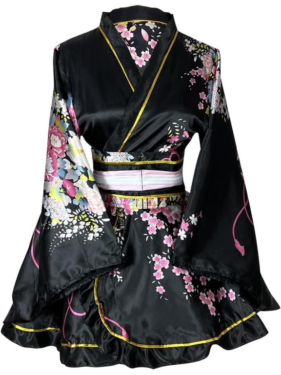 Women's Floral Short Kimono Robe, Japanese Style Dress with Belt and Bowknot for Cosplay & Loungewear