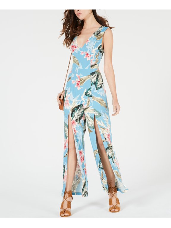 Printed Split-Leg Jumpsuit Palm Print Blue 2