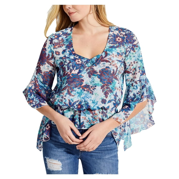 GUESS $79 Womens New 0226 Blue Floral Bell Sleeve V Neck Blouse Casual Top M B+B