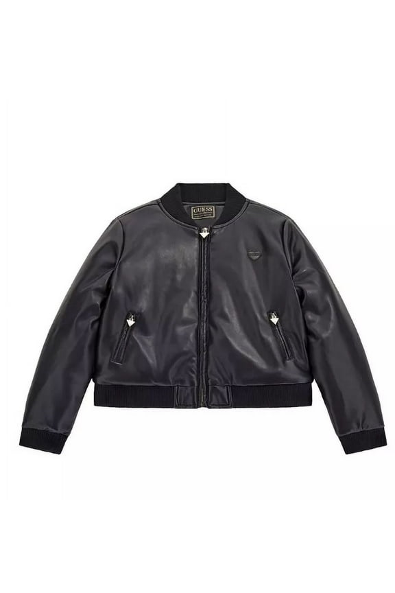 Big Girls Black Faux Leather Bomber Jacket, 14