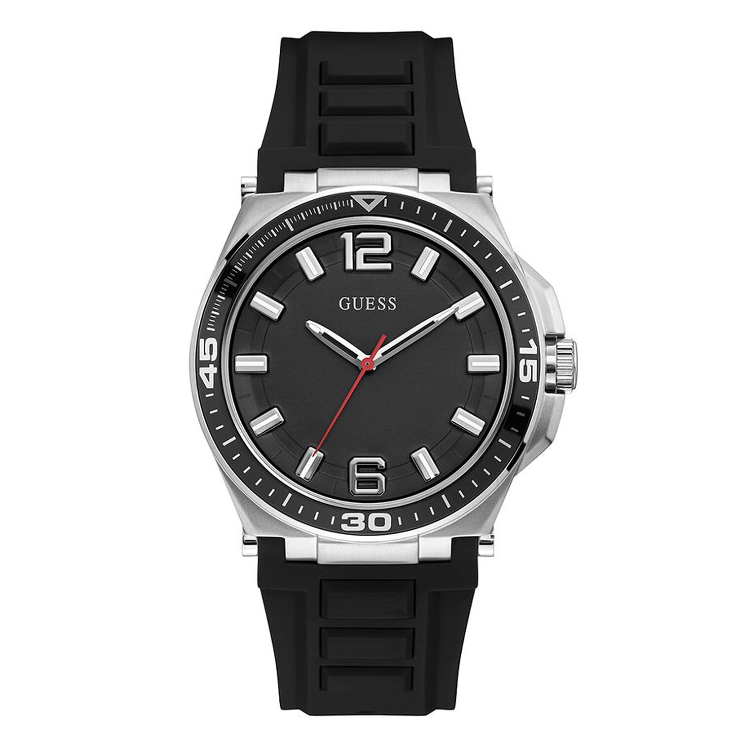 GUESS GENTS SILVER TONE CASE BLACK SILICONE WATCH U1253G1 