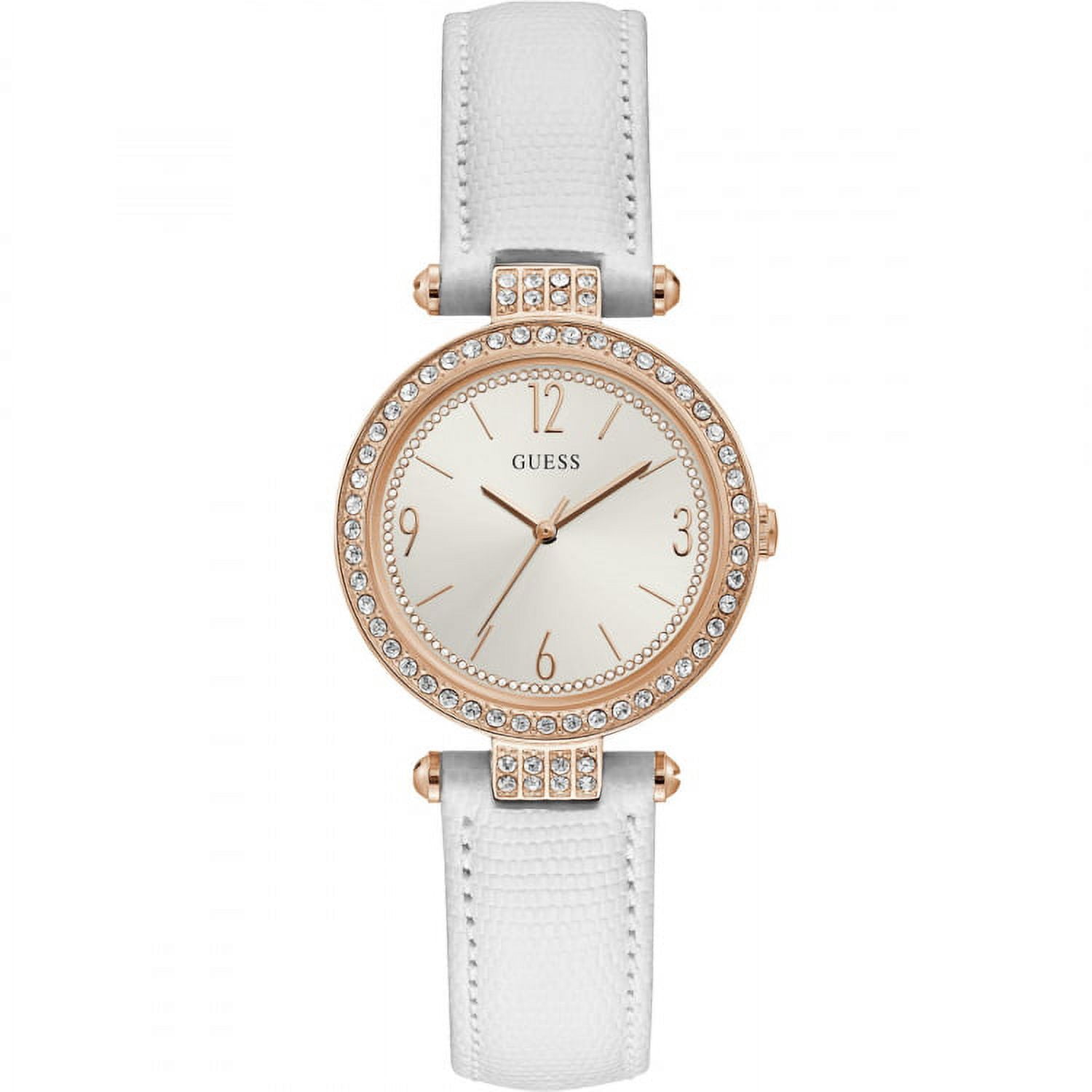 GUESS LADIES ROSE GOLD TONE CASE WHITE GENUINE LEATHER WATCH 
