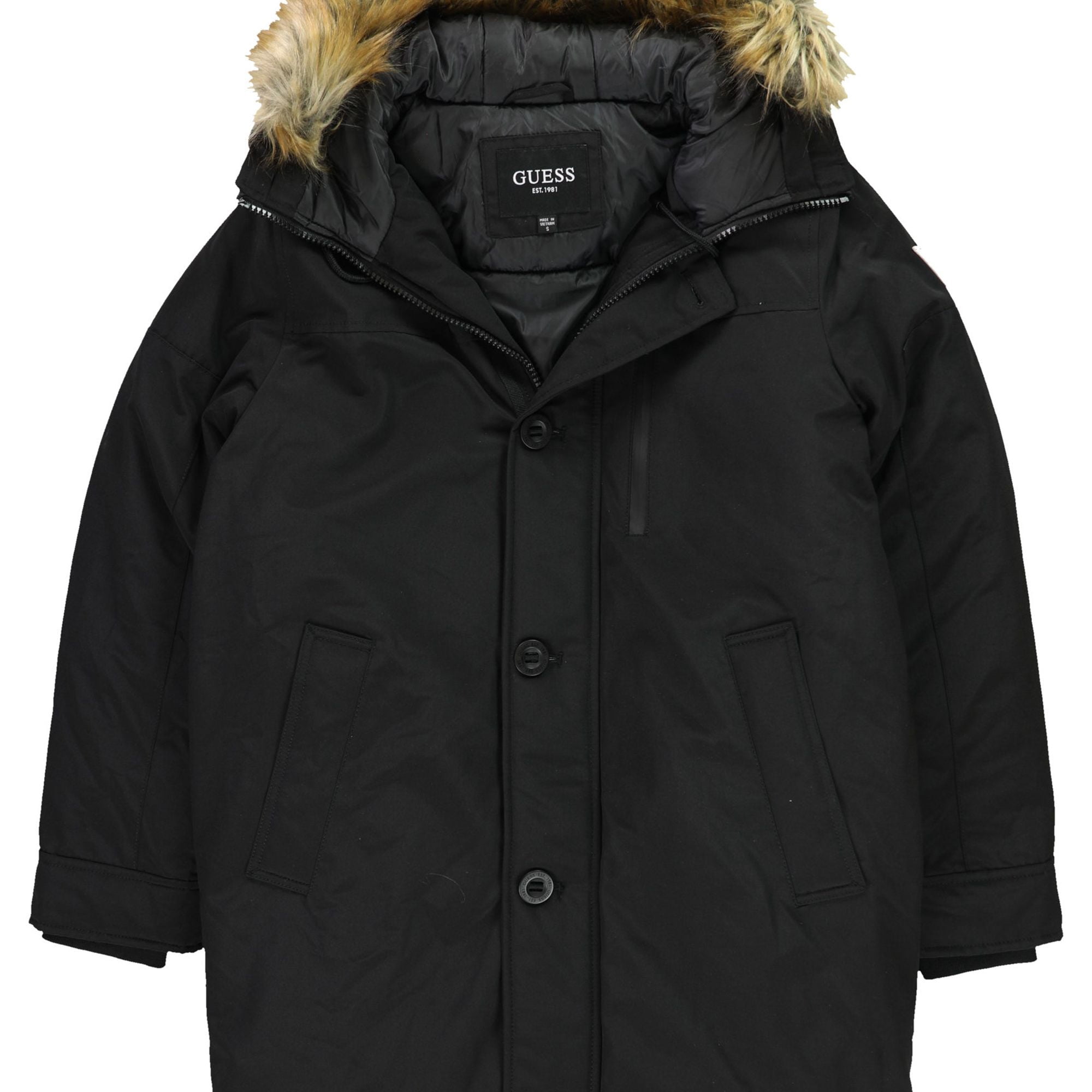 GUESS Mens Hooded Faux Fur Trim Parka Coat, Black, Small