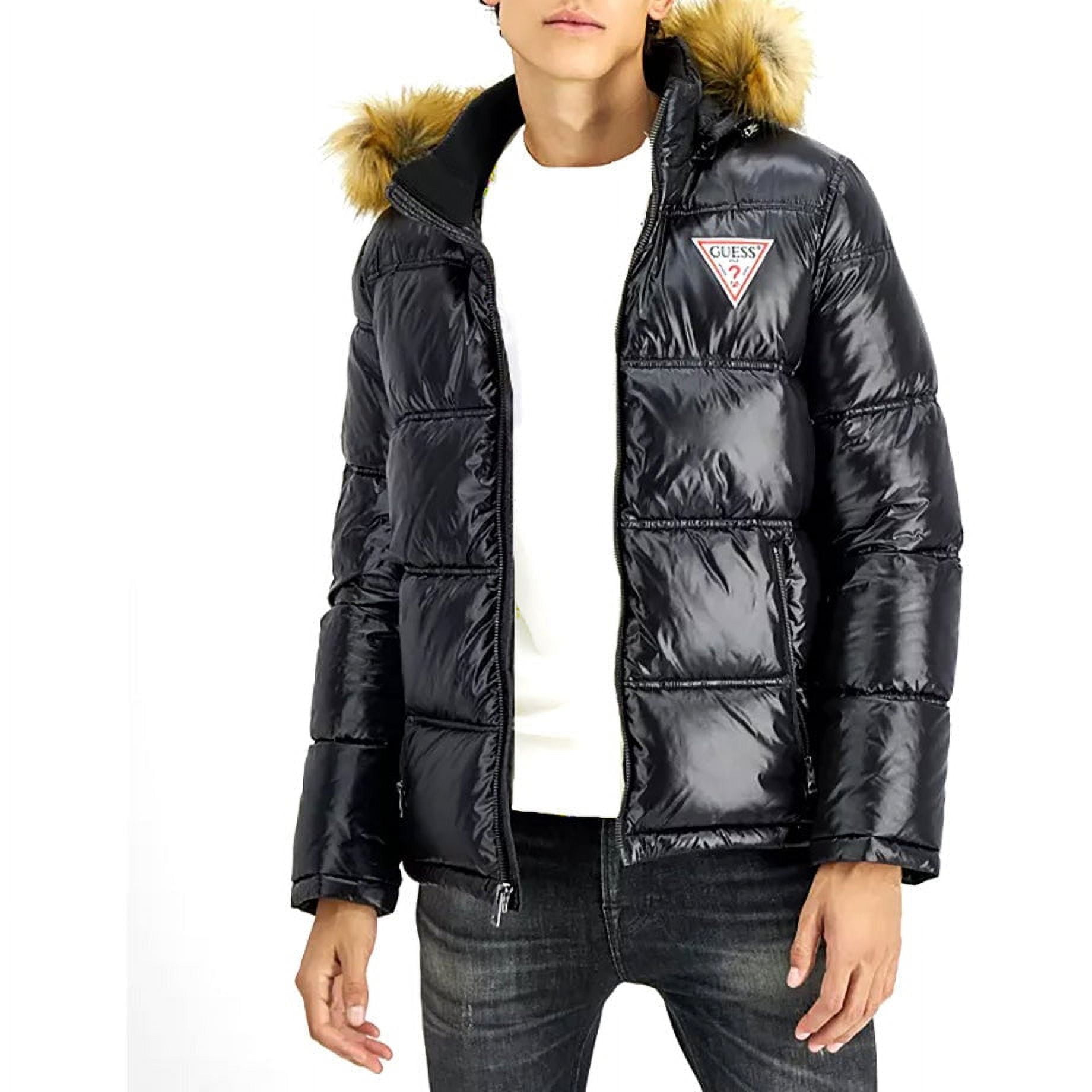 【GUESS】★FUR HOODIE DOWN JACKET★大人気★正規品★ GUESS Men's Puffer Jacket, Faux Fur Hood, Black, Nylon