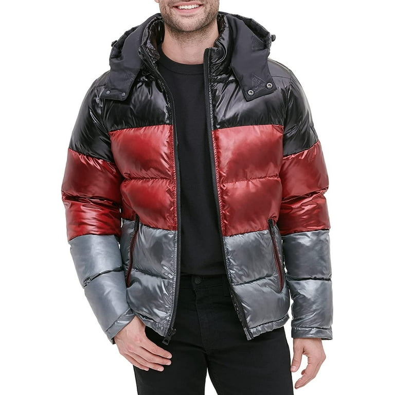 GUESS Men s Shiny Colorblock Hooded Puffer Jacket Gray Size X