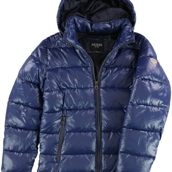 GUESS Mens Hooded Quilted Puffer Jacket, Blue, Large