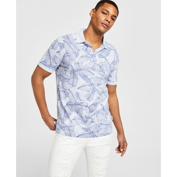 GUESS Mens Leaf Print Short-Sleeve Polo Shirt Blue Medium