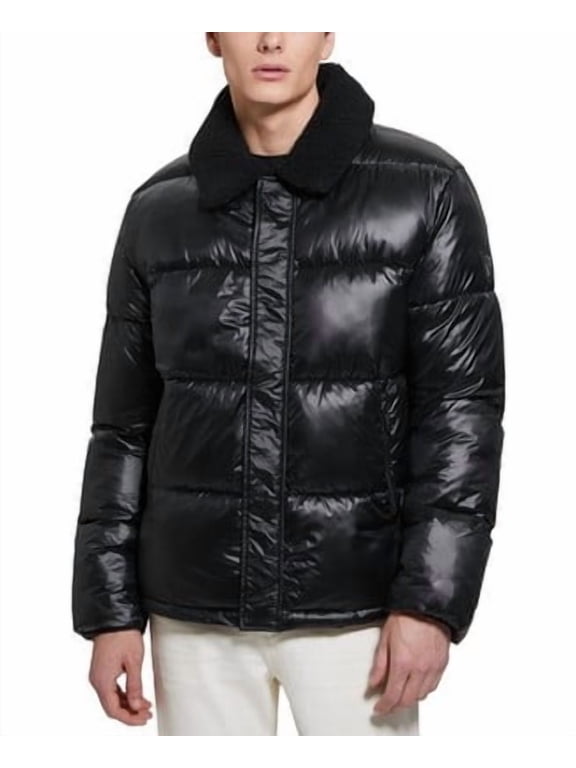 Puffer Jacket with Sherpa Collar Men's XL Jet Black Zipper & Snap Closure