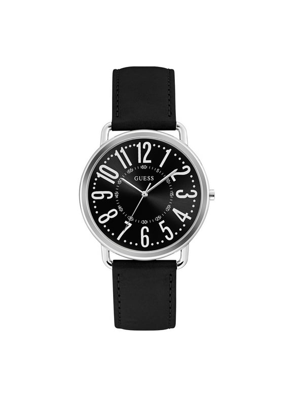 GUESS Unisex Black Leather Strap Silver Tone Classic 40mm Watch U1068L3