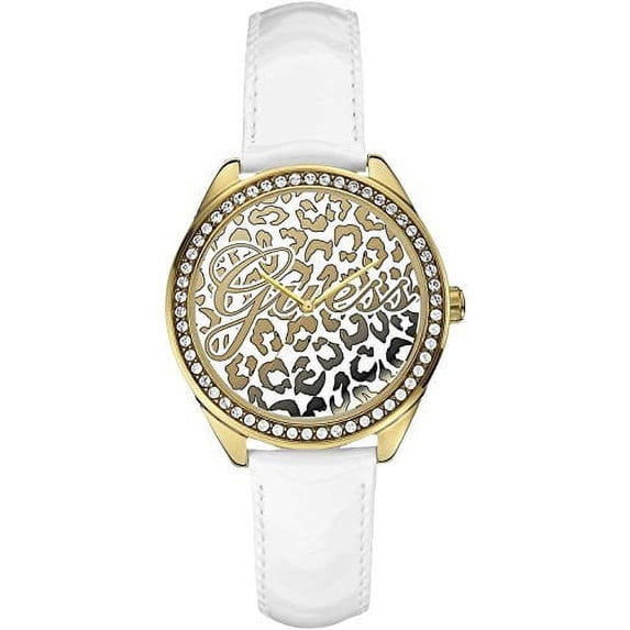 GUESS W0401L1,Women's Dress,Gold-Tone Case,White Leather,Sparkling Hi-Energy,Mid-Size